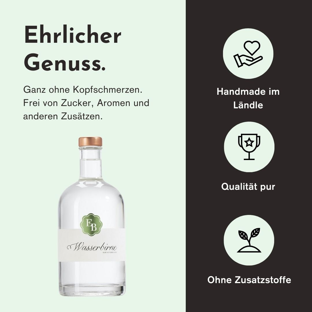 Ehrlicher Genuss mit dem Schweizer Wasserbirne Schnaps der Destillerie Brunner aus Österreich duch herausragende Qualität, handwerkliche Herstellung und den Verzicht von Zusatzstoffen.