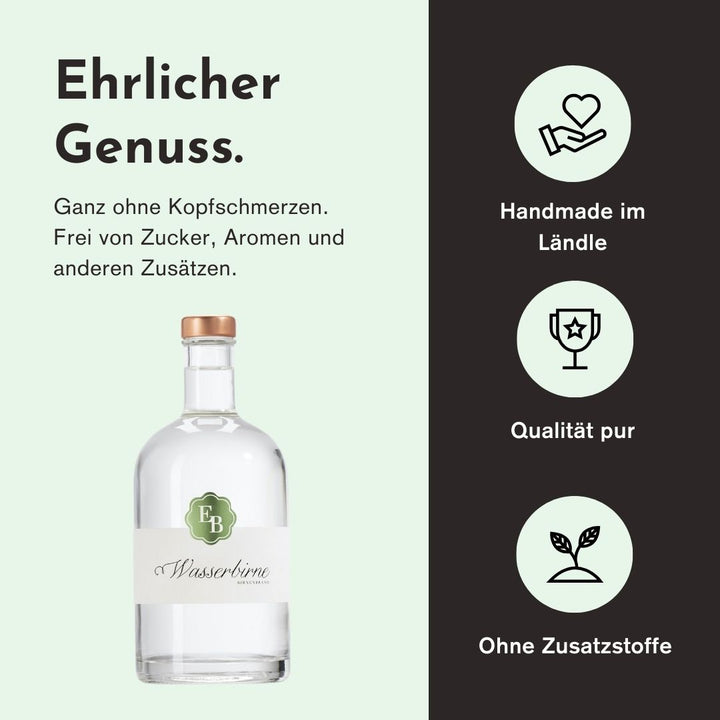 Ehrlicher Genuss mit dem Schweizer Wasserbirne Schnaps der Destillerie Brunner aus Österreich duch herausragende Qualität, handwerkliche Herstellung und den Verzicht von Zusatzstoffen.