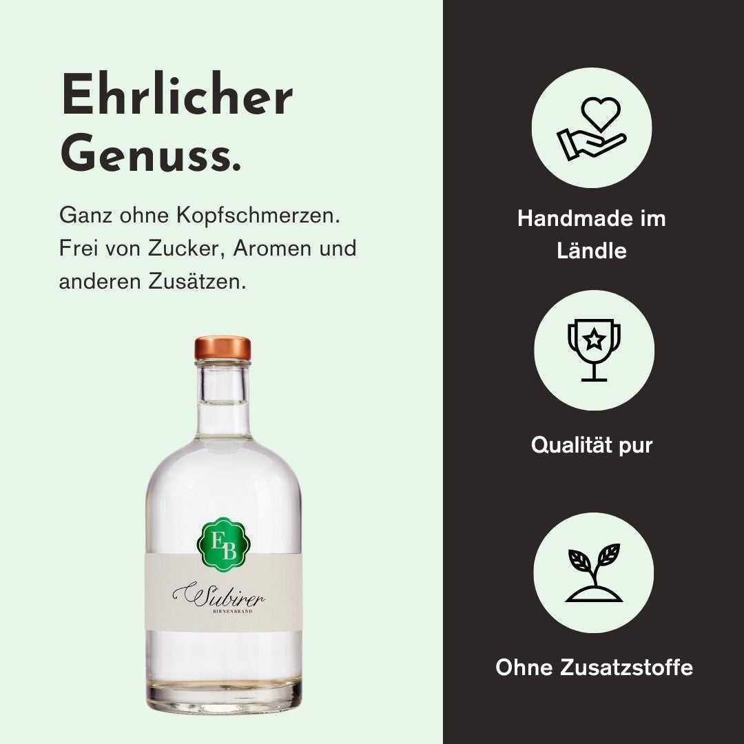 Ehrlicher Genuss mit dem Subirer Schnaps der Destillerie Brunner aus Österreich duch herausragende Qualität, handwerkliche Herstellung und den Verzicht von Zusatzstoffen.