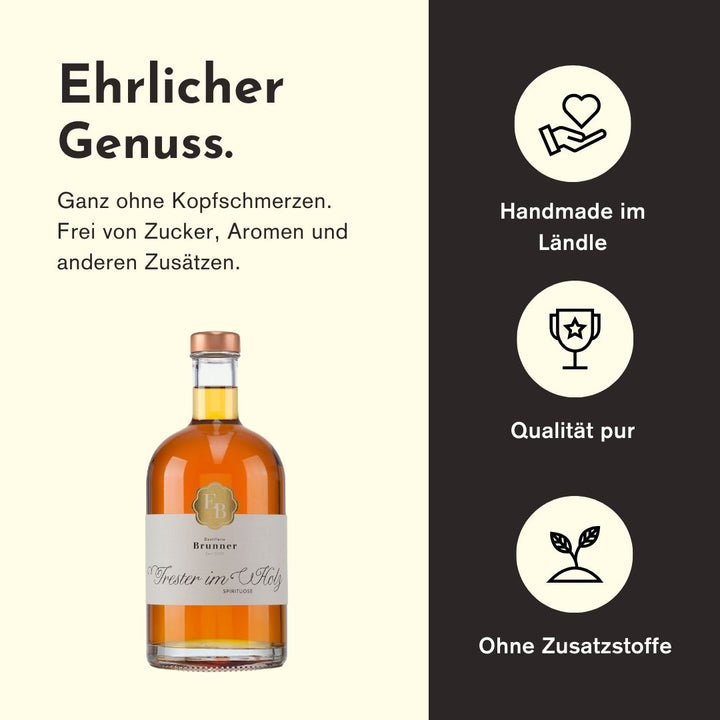 Ehrlicher Genuss mit dem Schnaps aus Trester der Destillerie Brunner duch herausragende Qualität, handwerkliche Herstellung und den Verzicht von Zusatzstoffen.