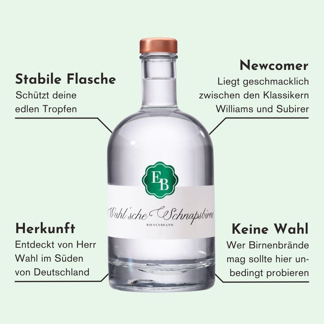 Merkmale der Wahlschen Schnapsbirne: geschmacklich zwischen Williams und Subirer, entdeckt von Herrn Wahl in Süddeutschland, ein Muss für Birnenschnaps-Fans.