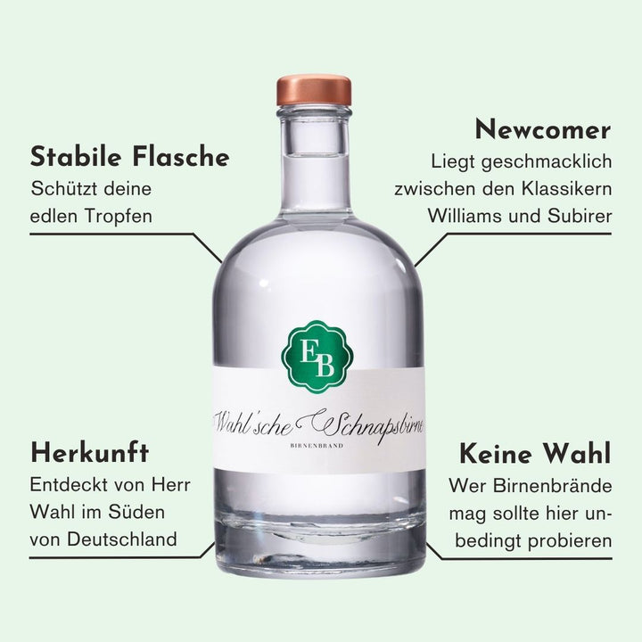 Merkmale der Wahlschen Schnapsbirne: geschmacklich zwischen Williams und Subirer, entdeckt von Herrn Wahl in Süddeutschland, ein Muss für Birnenschnaps-Fans.
