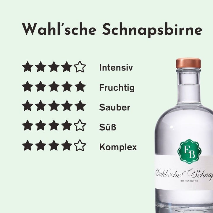 Geschmacksprofil der Wahlschen Schnapsbirne: intensiv 4/5, fruchtig 5/5, sauber 5/5, süß 4/5 und komplex 4/5 Sternen.