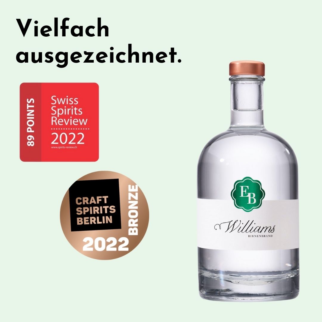 Der Williams Christ Schnaps der Destillerie Brunner aus Österreich wurde international bei den Craft Spirits Berlin und den Swiss Spirits Awards von einer Fachjury vielfach hervorragend bewertet.