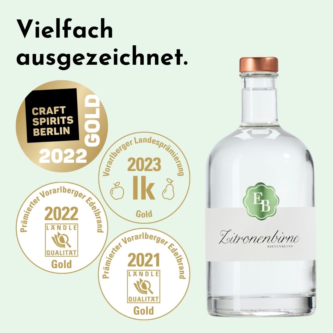 Die Zitronenbirne der Destillerie Brunner wurde international bei den Craft Spirits Berlin und der Vorarlberger Landesprämierung von einer Fachjury vielfach hervorragend bewertet.