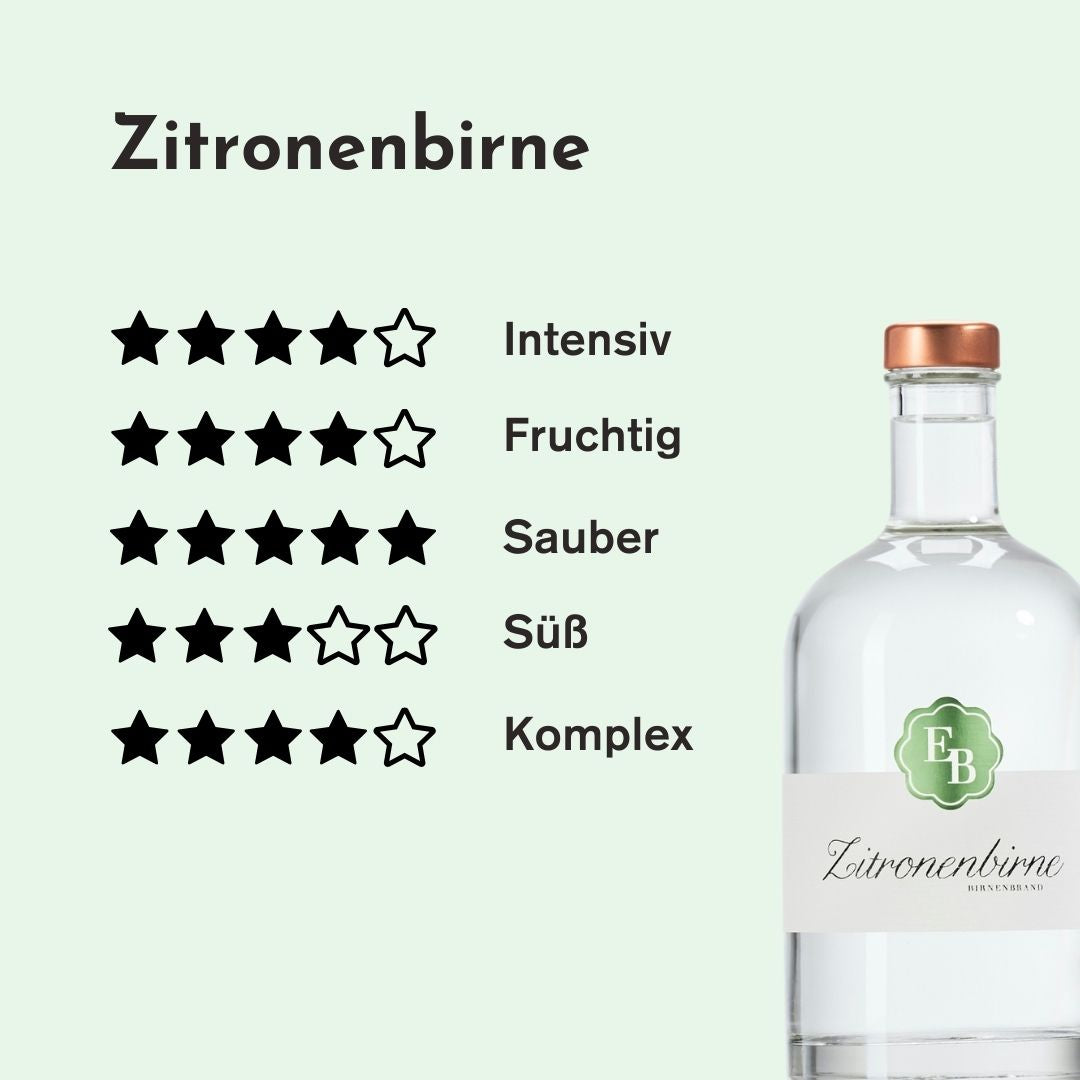 Genuss-Rating zu Geschmack und Aroma der Zitronenbirne der Destillerie Brunner.