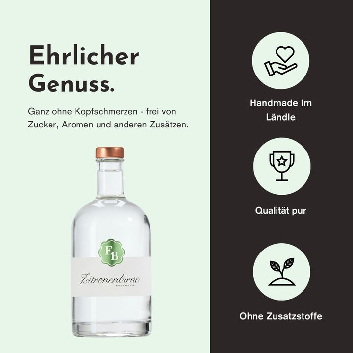 Ehrlicher Genuss mit der Zitronenbirne der Destillerie Brunner duch herausragende Qualität, handwerkliche Herstellung und den Verzicht von Zusatzstoffen.