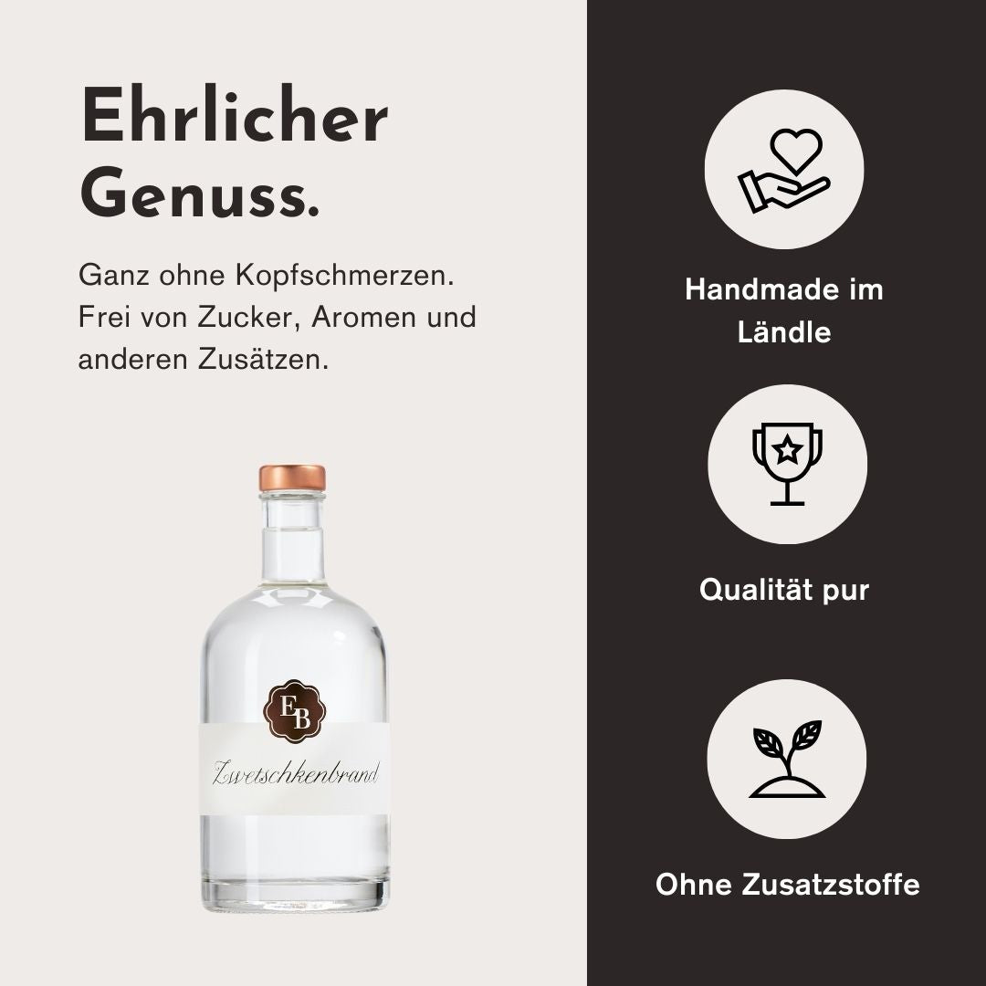 Ehrlicher Genuss mit dem Zwetschgenbrand der Destillerie Brunner duch herausragende Qualität, handwerkliche Herstellung und den Verzicht von Zusatzstoffen.