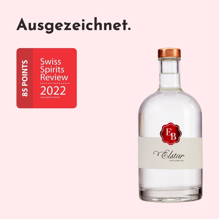 Elstar Apfelschnaps mit 85 Punkten beim Swiss Spirits Review 2022.