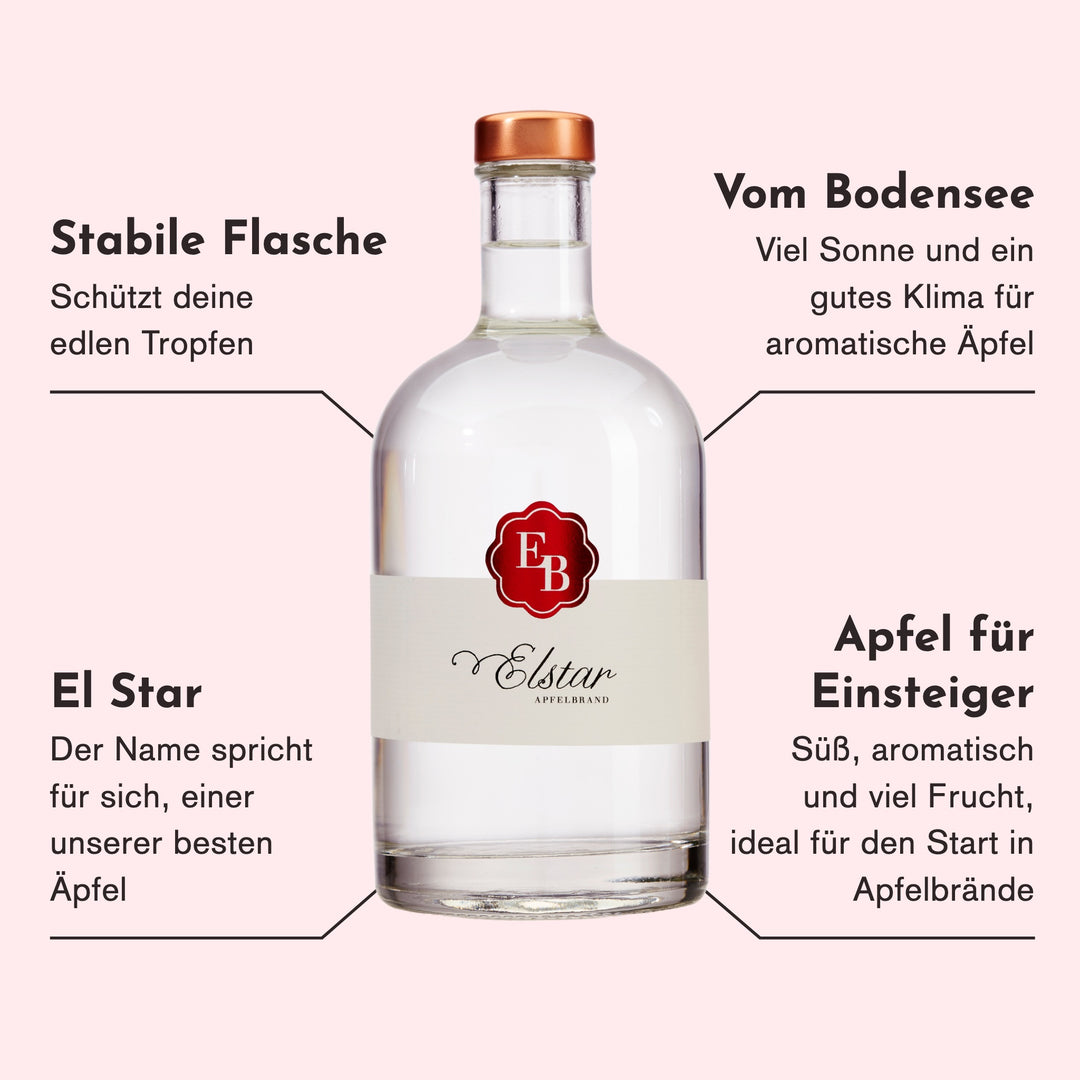 Merkmale des Elstar Apfelschnaps: Äpfel vom sonnigen Bodensee, einer unserer besten Äpfel, süß und fruchtig, ideal für Einsteiger.