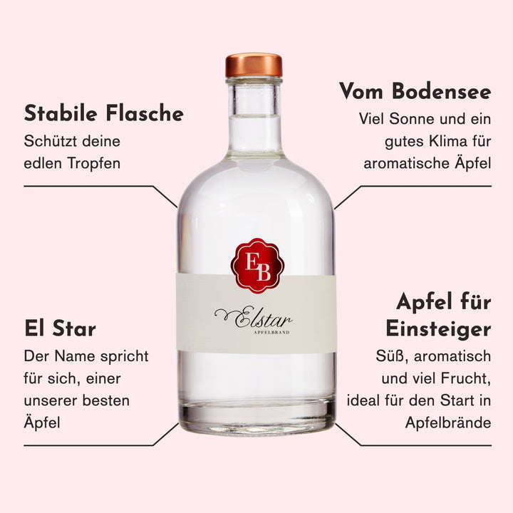 Merkmale des Elstar Apfelschnaps: Äpfel vom sonnigen Bodensee, einer unserer besten Äpfel, süß und fruchtig, ideal für Einsteiger.