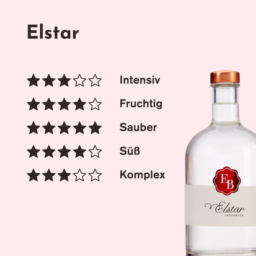 Geschmacksprofil des Elstar Apfelschnaps: intensiv 3/5, fruchtig 4/5, sauber 5/5, süß 4/5 und komplex 3/5 Sternen.
