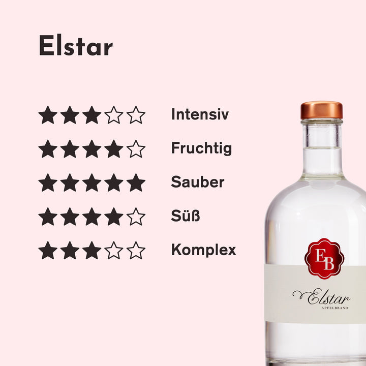 Geschmacksprofil des Elstar Apfelschnaps: intensiv 3/5, fruchtig 4/5, sauber 5/5, süß 4/5 und komplex 3/5 Sternen.