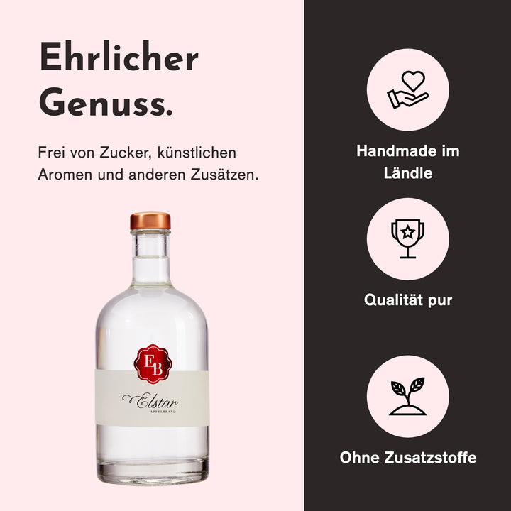 Handgemacht in Vorarlberg, ohne Zusatzstoffe: Elstar Apfelschnaps der Destillerie Brunner.