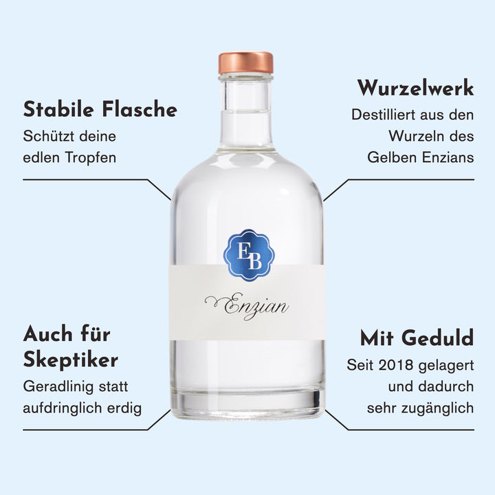 Merkmale des Enzian Schnaps: aus der Wurzel des Gelben Enzians, geradlinig statt aufdringlich erdig, seit 2018 gelagert und dadurch besonders zugänglich.
