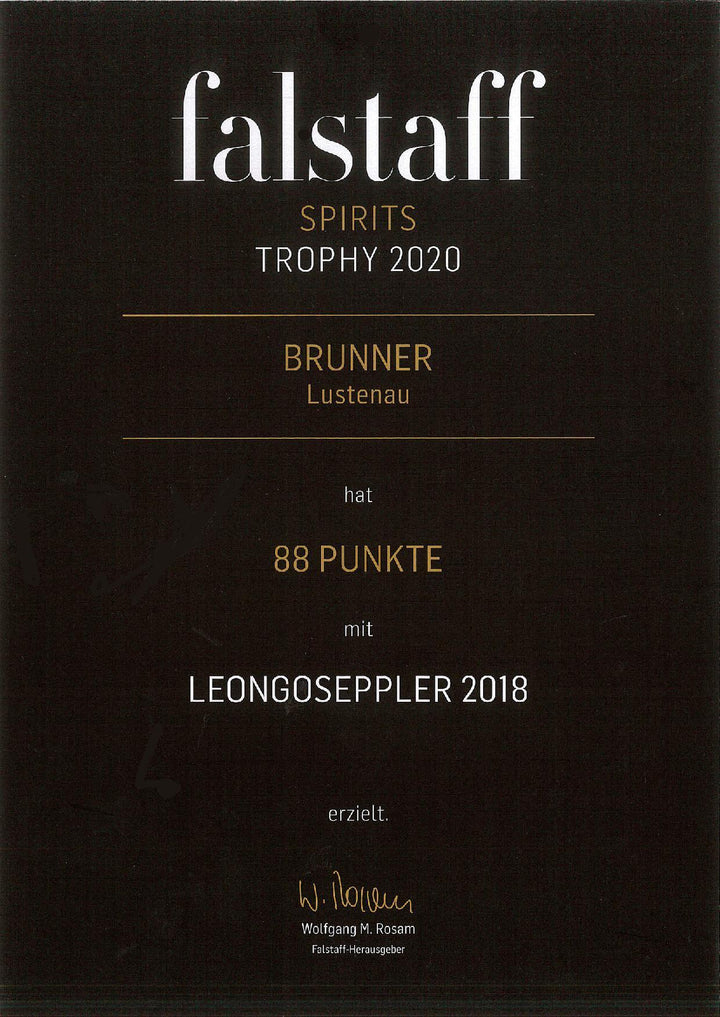 Falstaff Spirits Trophy 2020, 88 Punkte für den Leongoseppler Apfelbrand der Destillerie Brunner aus Vorarlberg.