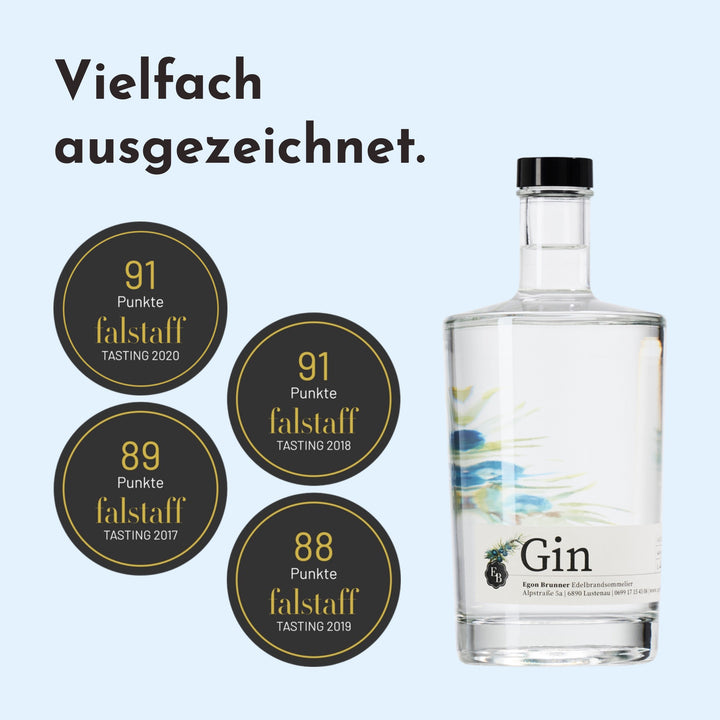 London Dry Gin mit 91 Punkten beim Falstaff Tasting 2020 und 2018, 89 Punkten 2017 und 88 Punkten 2019.