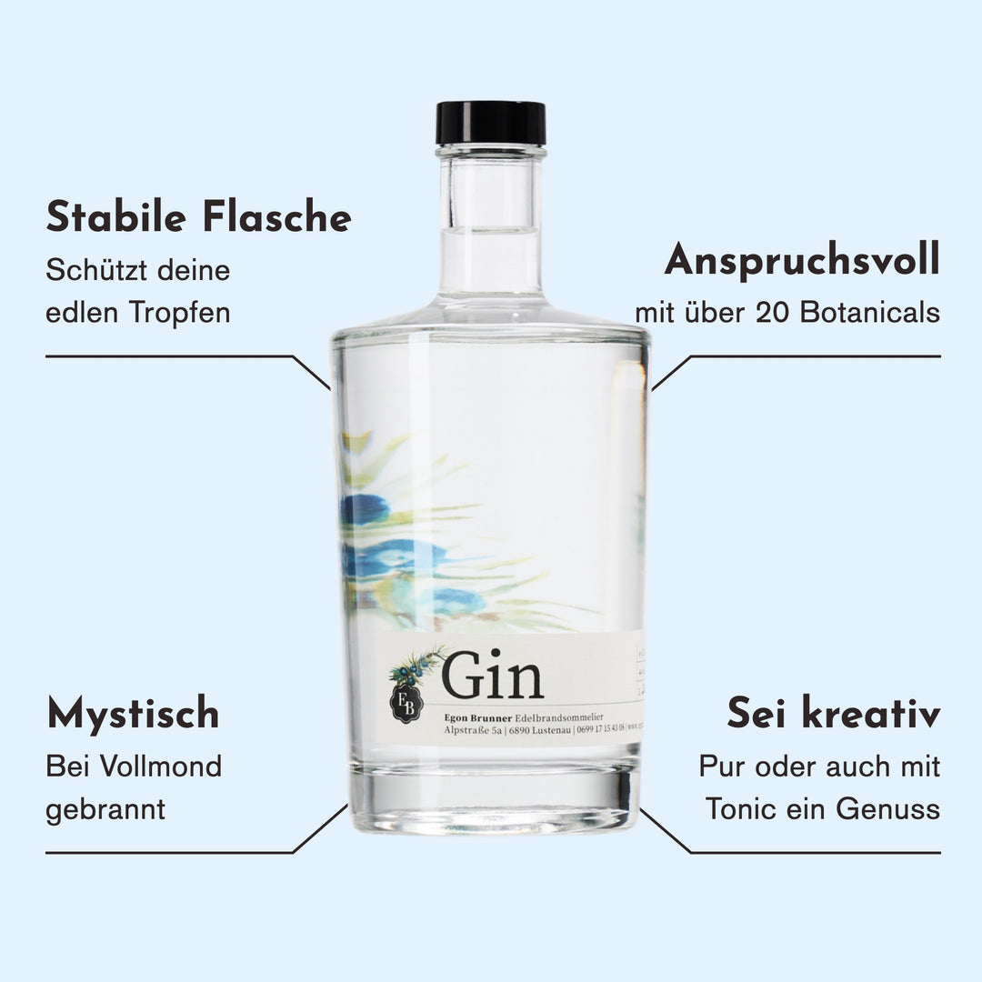 Merkmale des London Dry Gin: über 20 Botanicals, bei Vollmond gebrannt, pur oder mit Tonic ein Genuss.
