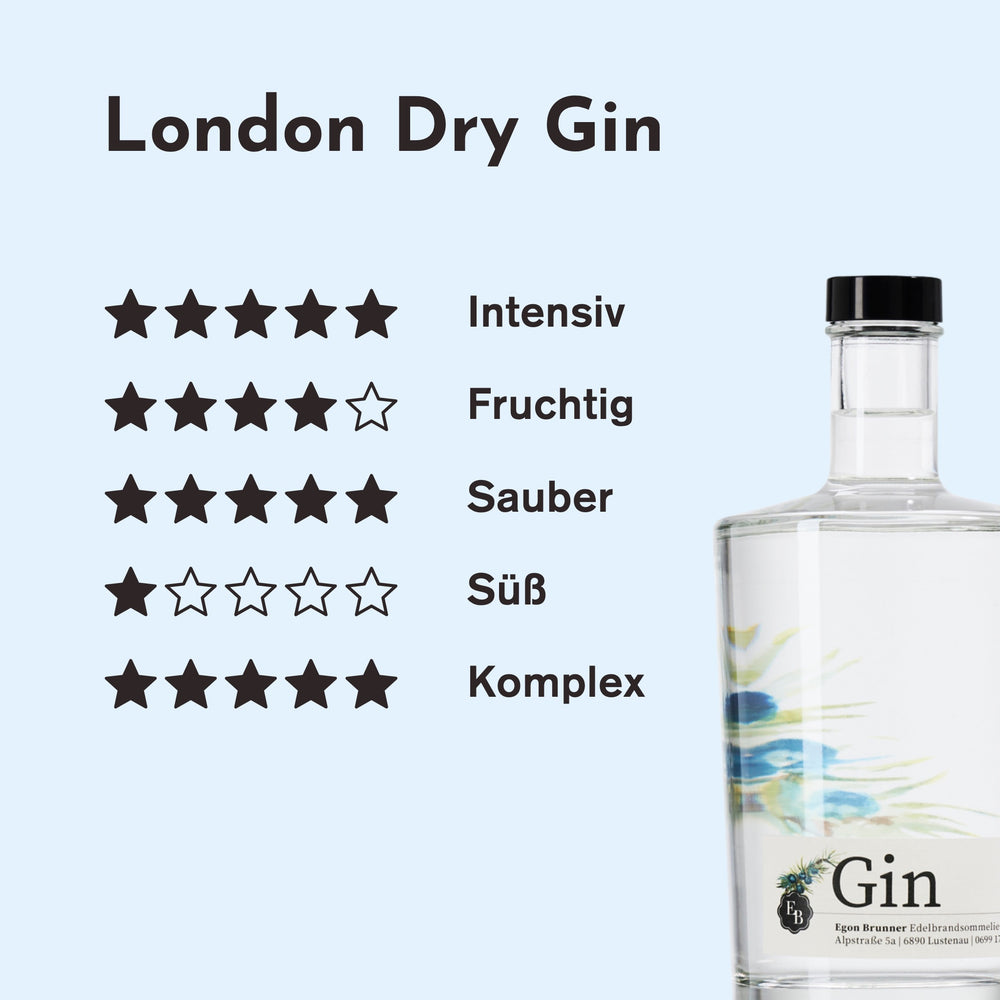 Geschmacksprofil des London Dry Gin: intensiv 5/5, fruchtig 4/5, sauber 5/5, süß 1/5 und komplex 5/5 Sternen.