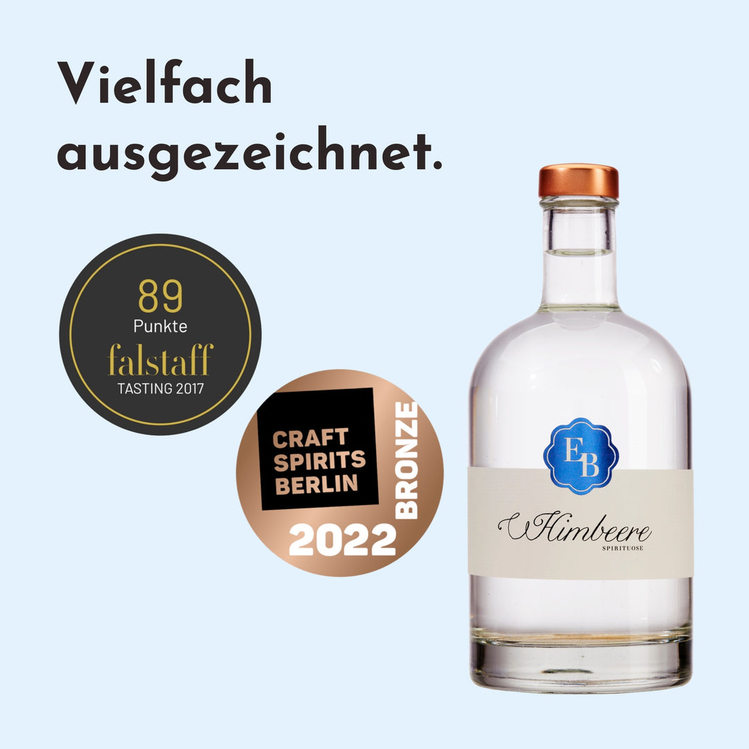 Himbeergeist mit 89 Punkten beim Falstaff Tasting 2017 und Bronze bei den Craft Spirits Berlin 2022.