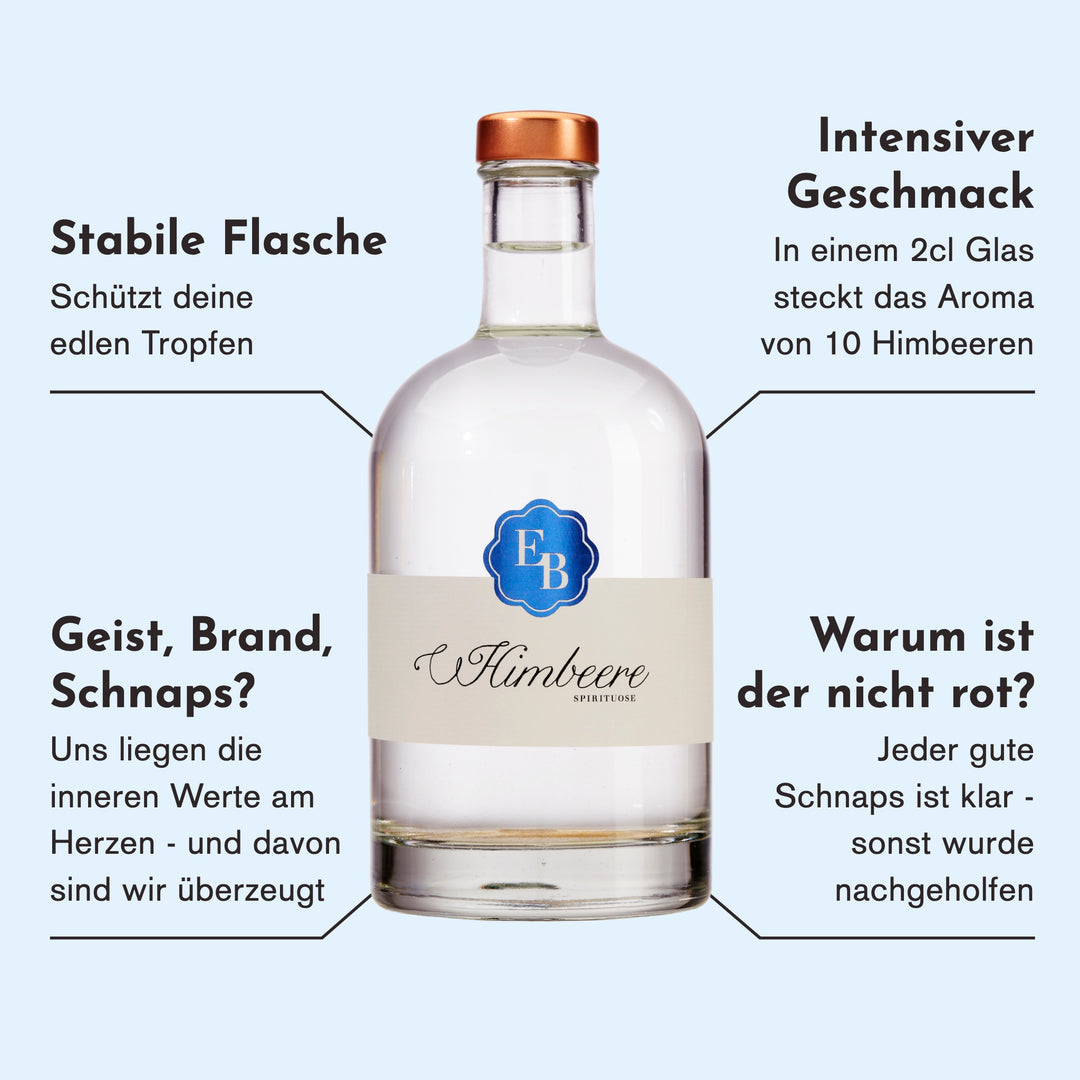 Merkmale des Himbeergeists: das Aroma von 10 Himbeeren in einem 2-cl-Glas, glasklar und ohne Farbstoffe.