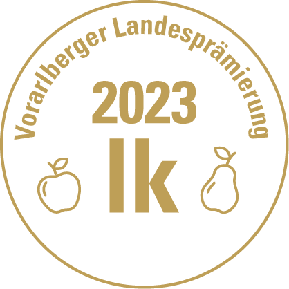 Logo der Vorarlbreger Landesprämierung 2023 bei der die Brennerei der Destillerie Brunner mehrfach mit Gold für ihren Schnaps ausgezeichnet wurde.