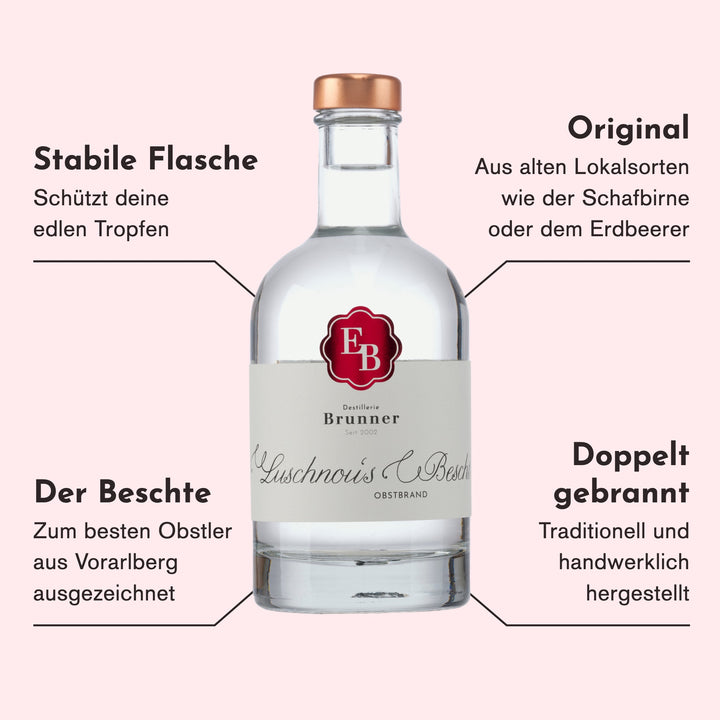 Merkmale des Obstlers Luschnou's Bescht: alte Lokalsorten wie Schafbirne und Erdbeerer, zum besten Obstler Vorarlbergs ausgezeichnet, doppelt gebrannt.