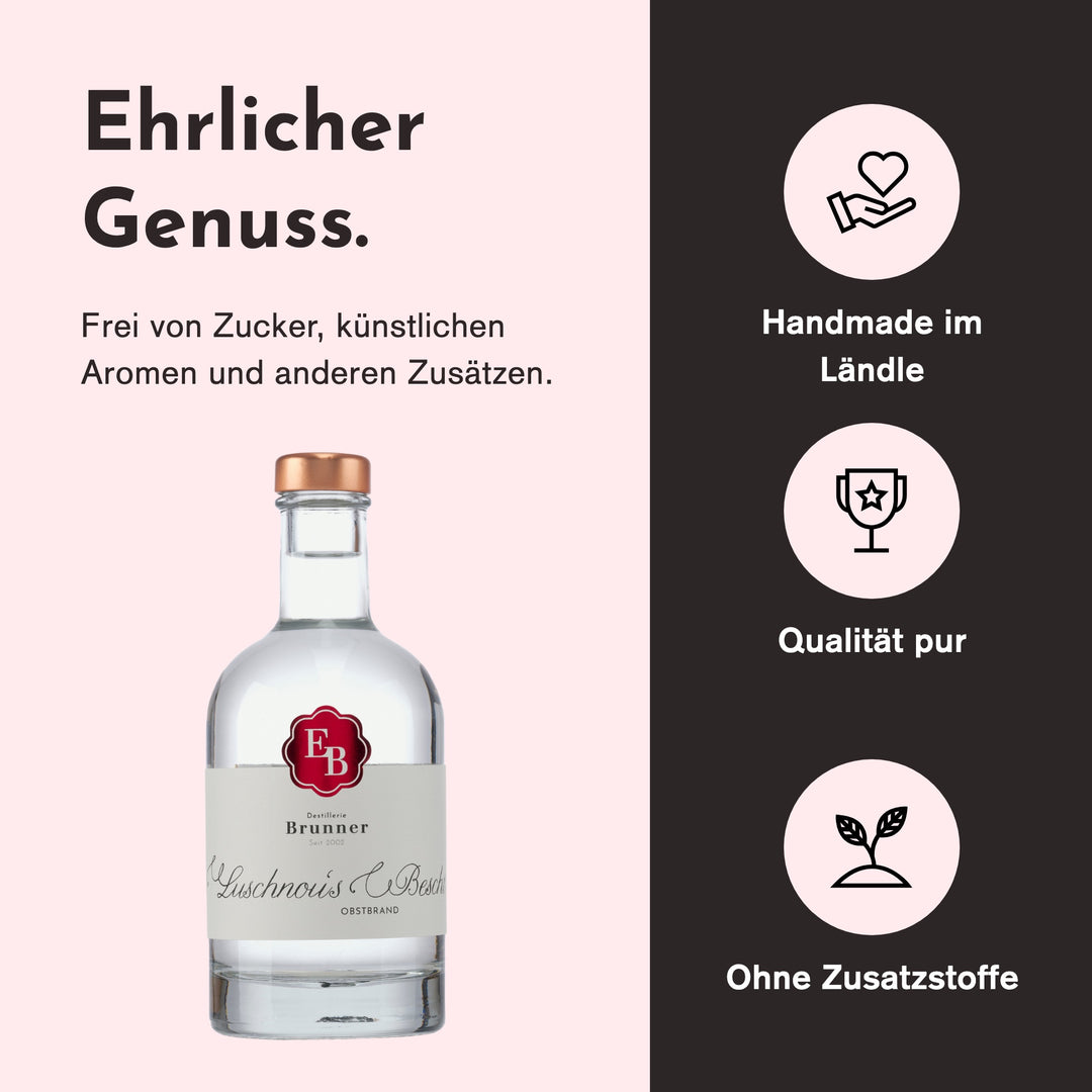 Handgemacht in Vorarlberg, ohne Zusatzstoffe: Obstler Luschnou's Bescht der Destillerie Brunner.