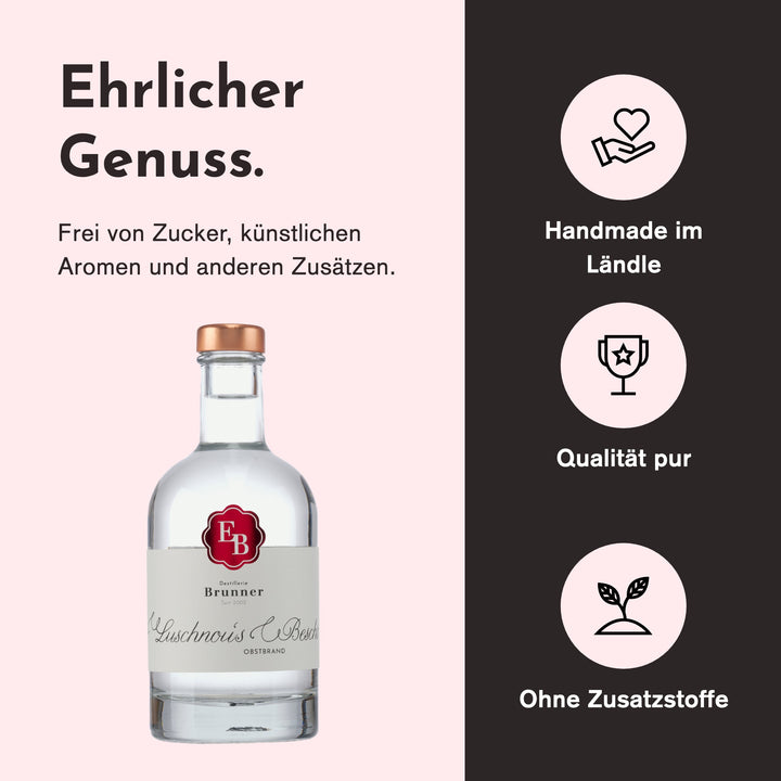 Handgemacht in Vorarlberg, ohne Zusatzstoffe: Obstler Luschnou's Bescht der Destillerie Brunner.