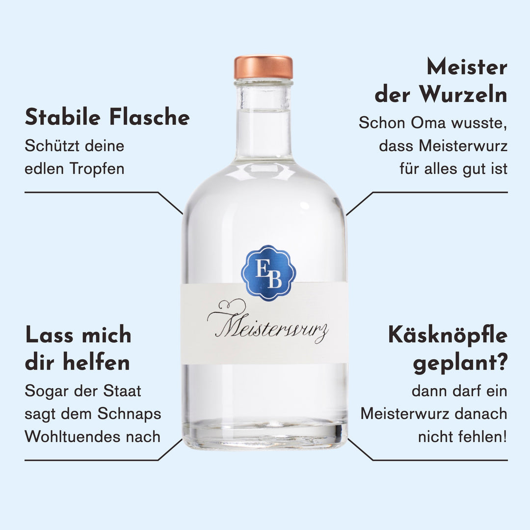 Merkmale des Meisterwurz Schnaps: aus der Meisterwurz, dem „Meister der Wurzeln“, traditioneller Wurzelbrand, der perfekte Abschluss nach Käsknöpfle.
