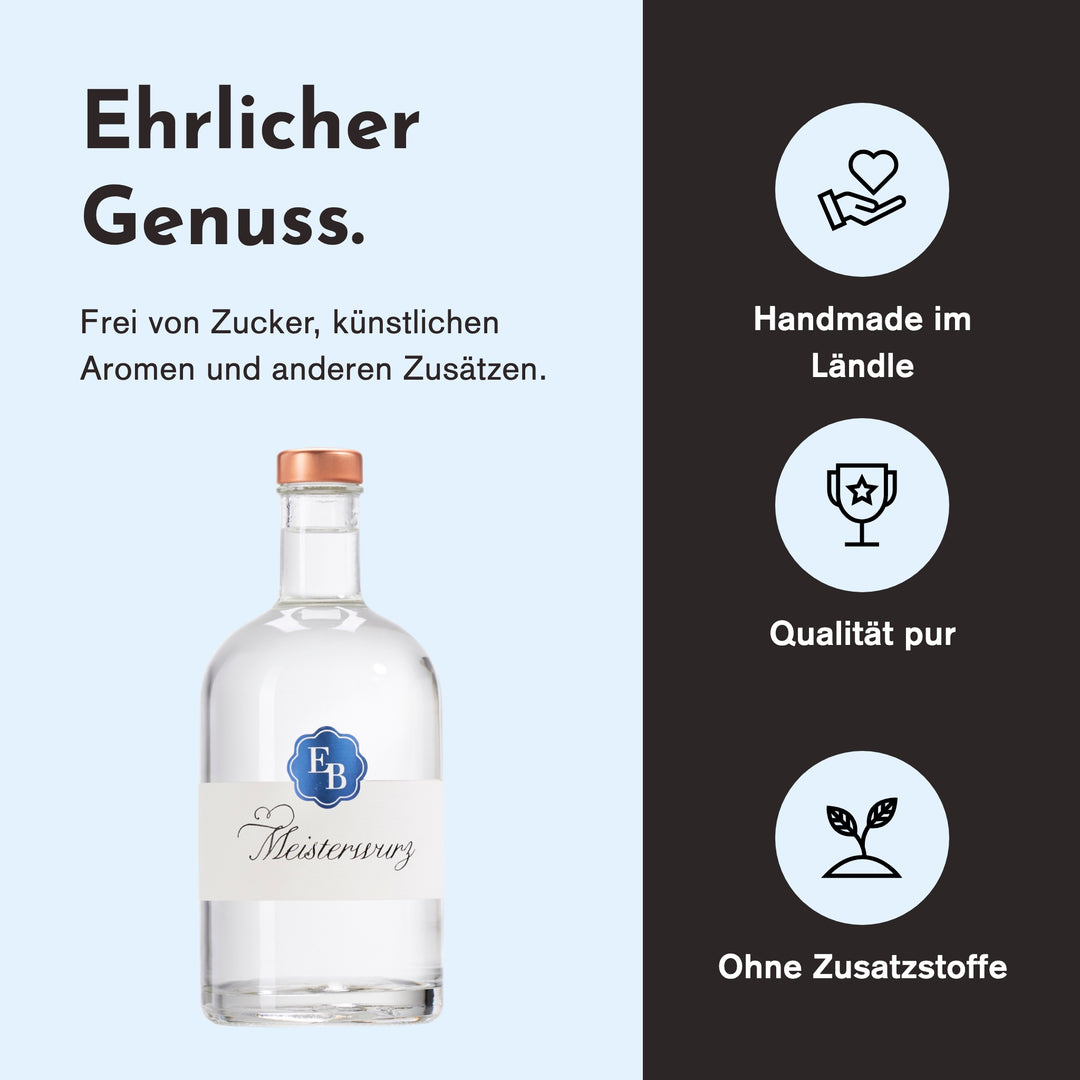 Handgemacht in Vorarlberg, ohne Zusatzstoffe: Meisterwurz Schnaps der Destillerie Brunner.
