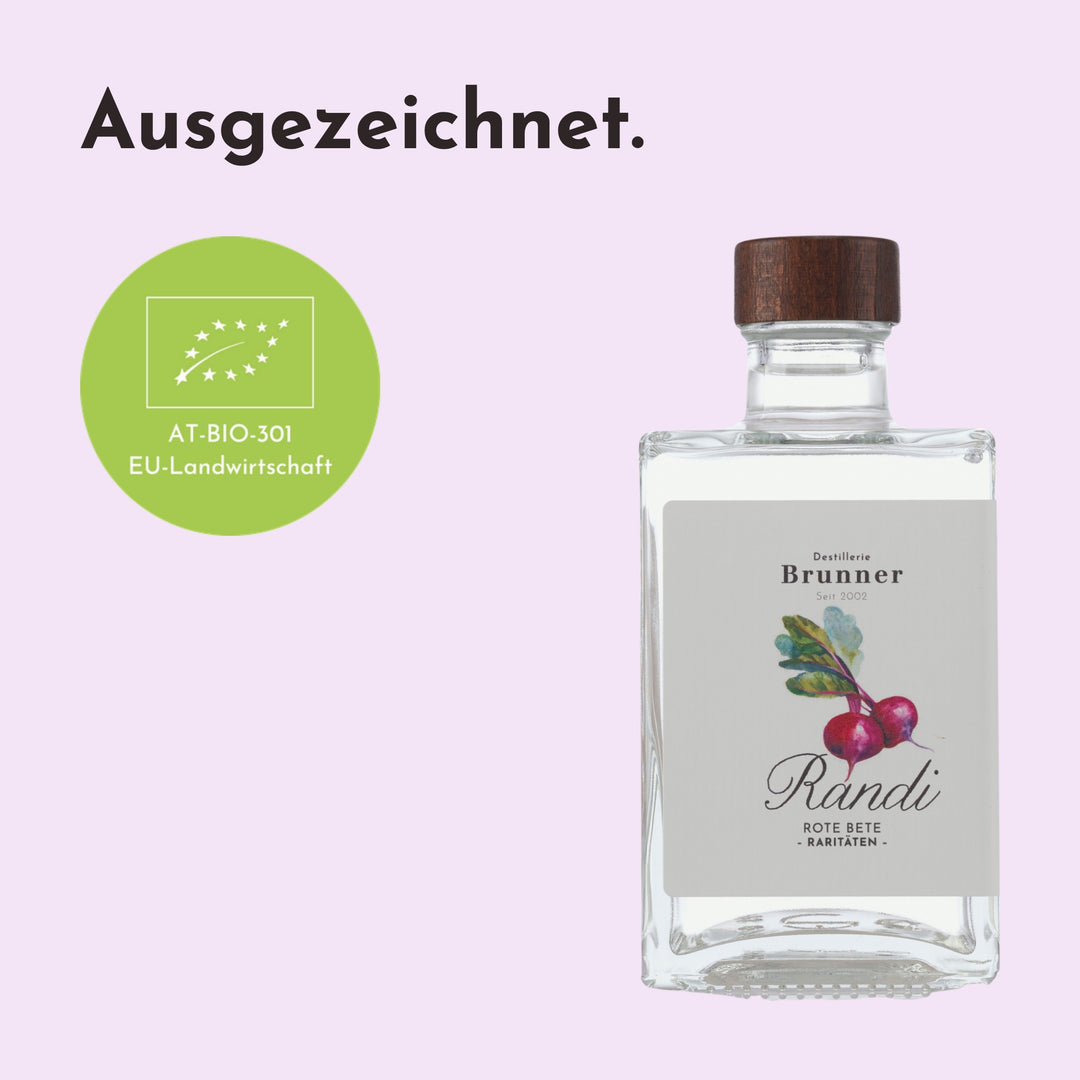 BIO Randi Rote Bete Schnaps der Destillerie Brunner mit dem EU-BIO-Siegel, Kontrollstelle AT-BIO-301.