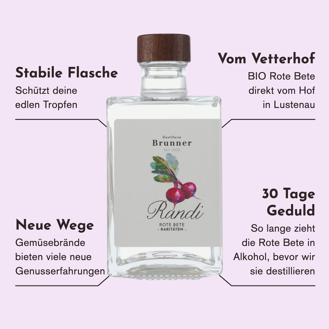 Merkmale des Randi Rote Bete Schnaps: BIO Rote Bete vom Vetterhof in Lustenau, 30 Tage in Alkohol angesetzt und dann destilliert, ein Gemüseschnaps für neue Genusserfahrungen.