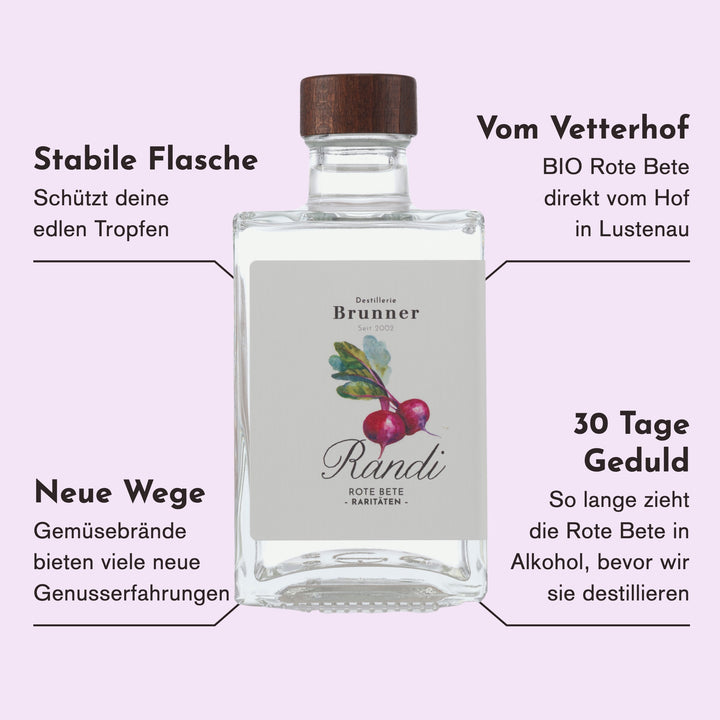Merkmale des Randi Rote Bete Schnaps: BIO Rote Bete vom Vetterhof in Lustenau, 30 Tage in Alkohol angesetzt und dann destilliert, ein Gemüseschnaps für neue Genusserfahrungen.