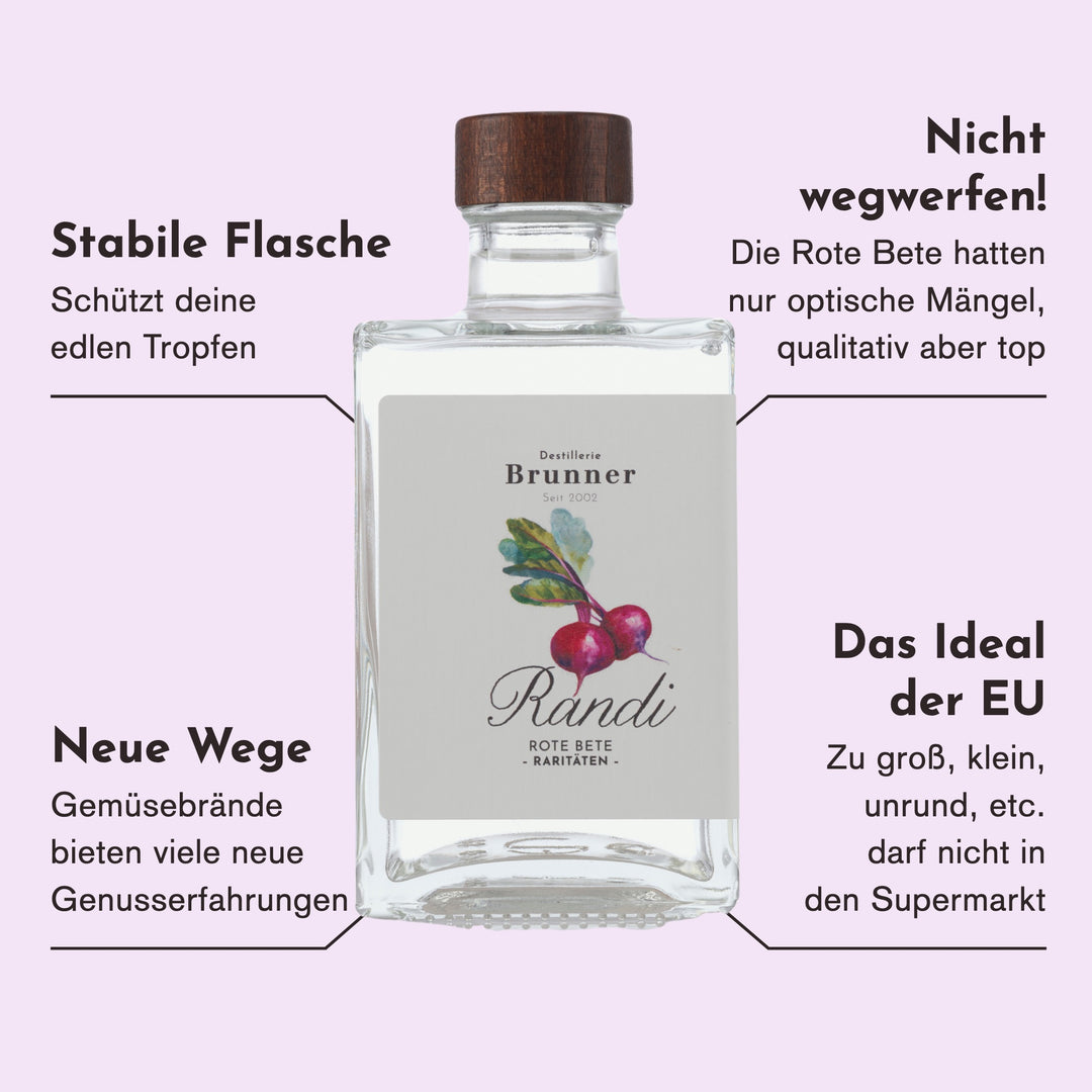 Merkmale des Randi Rote Bete Schnaps: Rote Bete mit rein optischen Mängeln vor dem Wegwerfen gerettet, ein Gemüseschnaps für neue Genusserfahrungen.