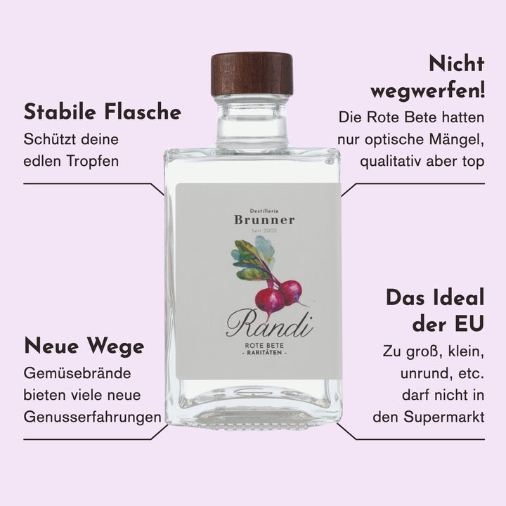Merkmale des Randi Rote Bete Schnaps: Rote Bete mit rein optischen Mängeln vor dem Wegwerfen gerettet, ein Gemüseschnaps für neue Genusserfahrungen.