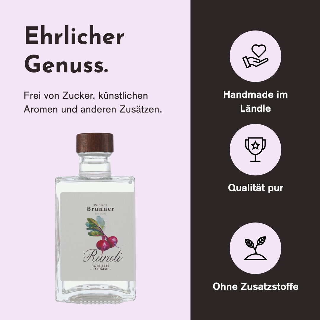 Handgemacht in Vorarlberg, ohne Zusatzstoffe: Randi Rote Bete Schnaps der Destillerie Brunner.