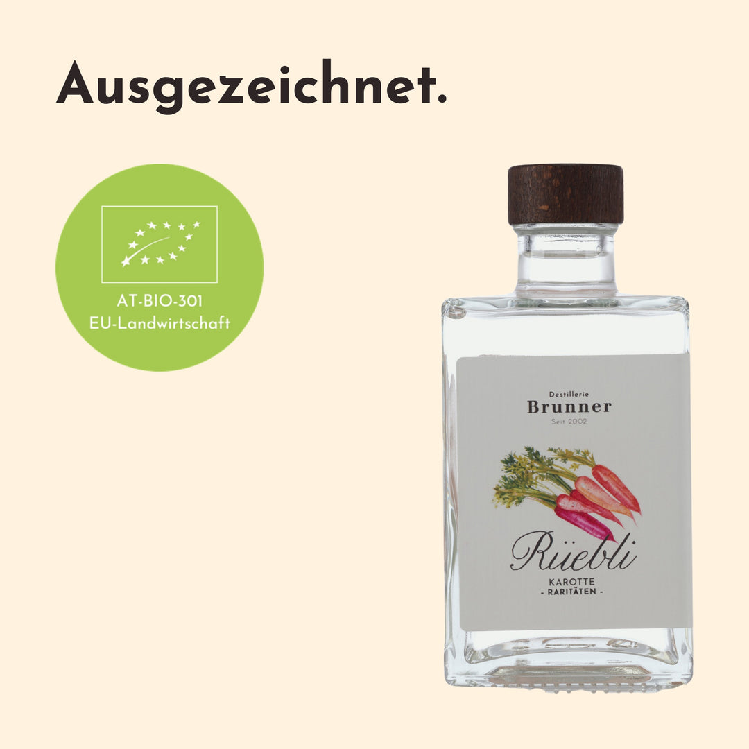 BIO Rüebli Karottenschnaps der Destillerie Brunner mit dem EU-BIO-Siegel, Kontrollstelle AT-BIO-301.