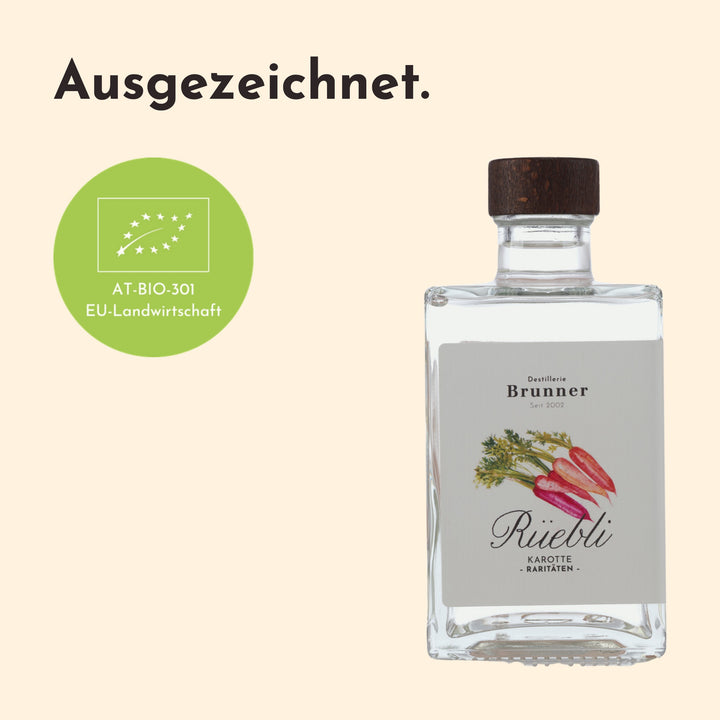 BIO Rüebli Karottenschnaps der Destillerie Brunner mit dem EU-BIO-Siegel, Kontrollstelle AT-BIO-301.
