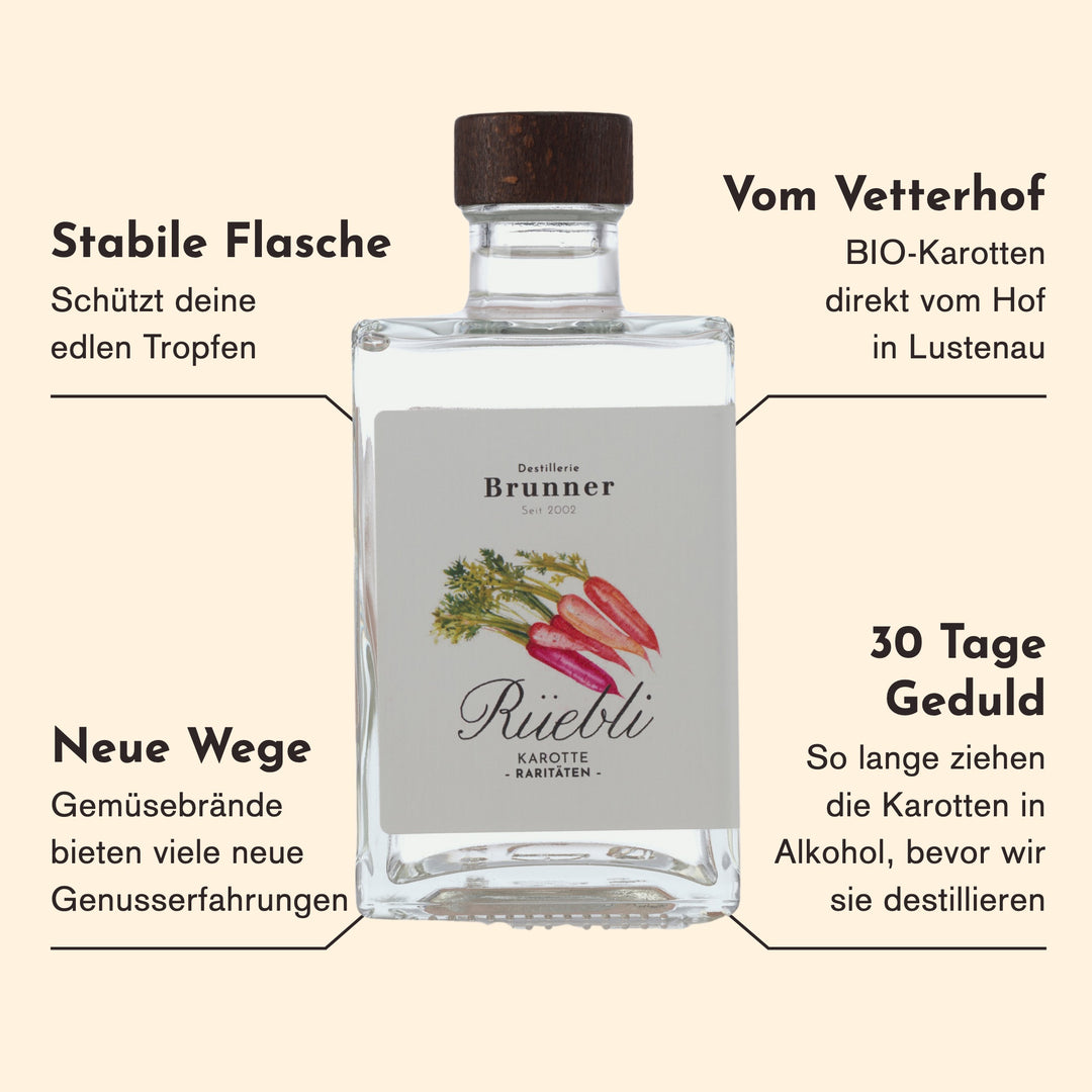 Merkmale des Rüebli Karottenschnaps: BIO-Karotten vom Vetterhof in Lustenau, 30 Tage in Alkohol angesetzt und dann destilliert, ein Gemüseschnaps für neue Genusserfahrungen.