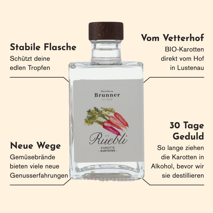 Merkmale des Rüebli Karottenschnaps: BIO-Karotten vom Vetterhof in Lustenau, 30 Tage in Alkohol angesetzt und dann destilliert, ein Gemüseschnaps für neue Genusserfahrungen.