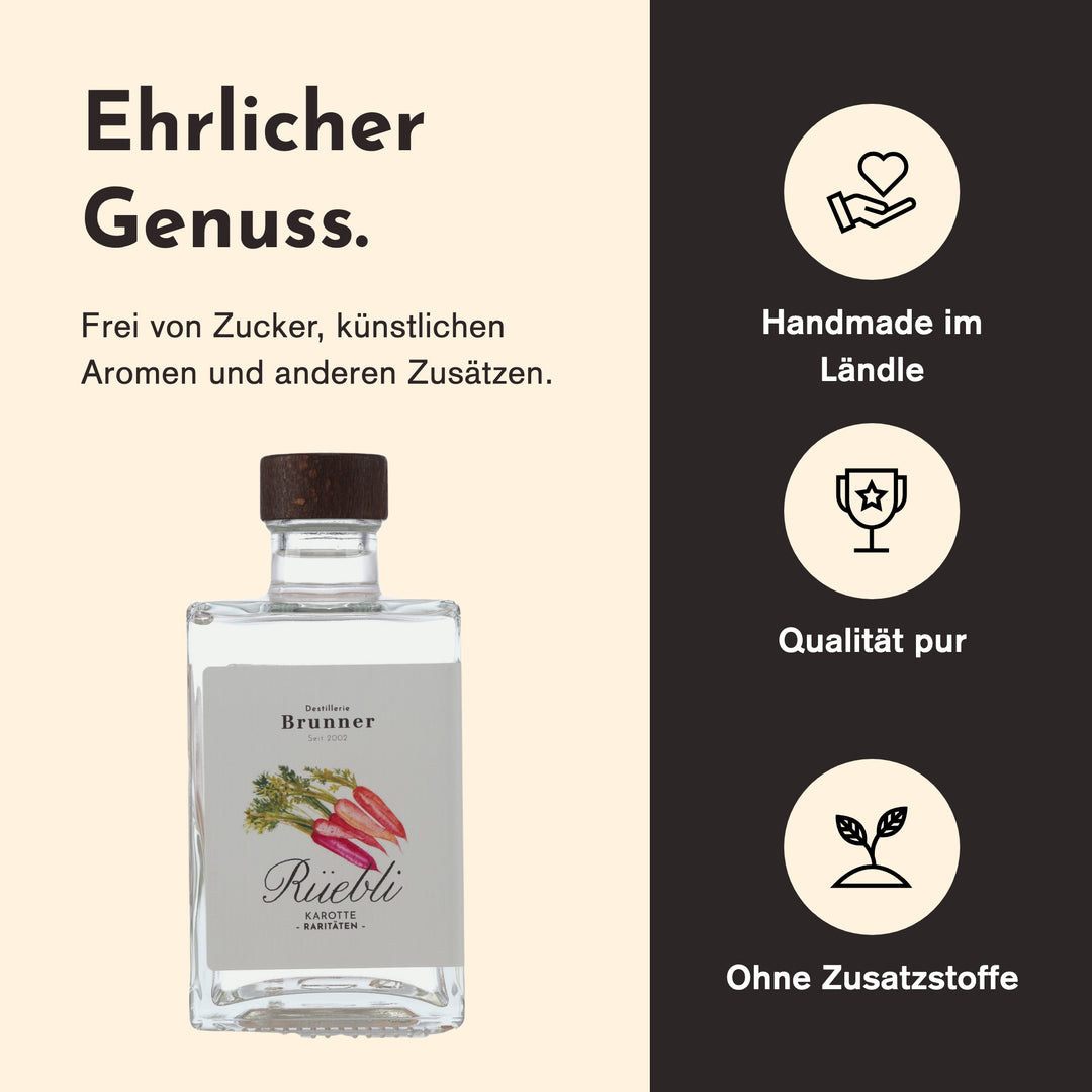 Handgemacht in Vorarlberg, ohne Zusatzstoffe: Rüebli Karottenschnaps der Destillerie Brunner.
