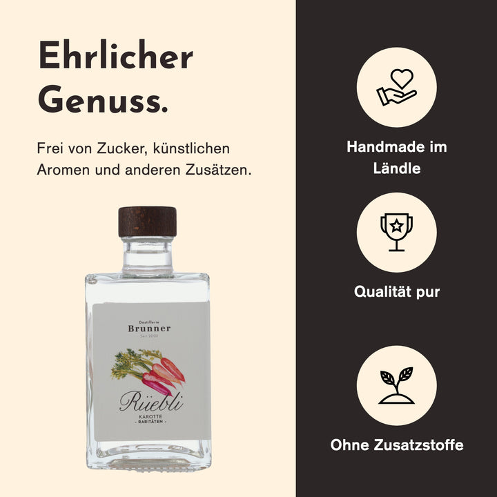 Handgemacht in Vorarlberg, ohne Zusatzstoffe: Rüebli Karottenschnaps der Destillerie Brunner.