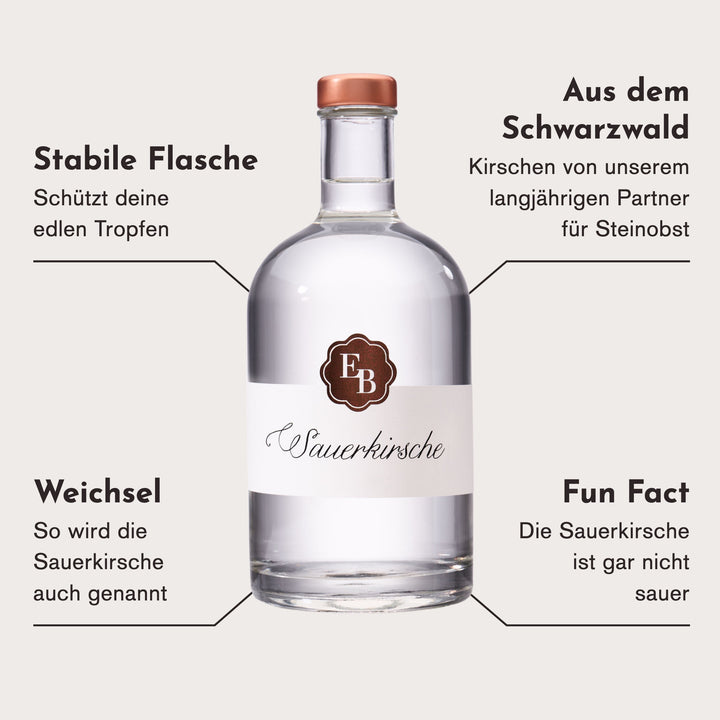 Merkmale des Weichselschnaps: Kirschen aus dem Schwarzwald von unserem langjährigen Partner für Steinobst, Sauerkirsche auch Weichsel genannt, die Sauerkirsche ist gar nicht sauer.