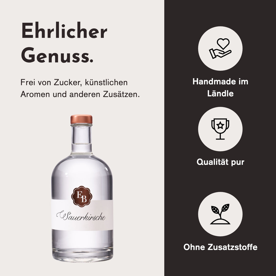 Handgemacht in Vorarlberg, ohne Zusatzstoffe: Weichselschnaps der Destillerie Brunner.