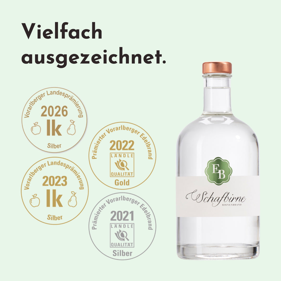 Schafbirne mit Silber bei der Vorarlberger Landesprämierung 2026, Gold 2022 und Silber 2023 und 2021.