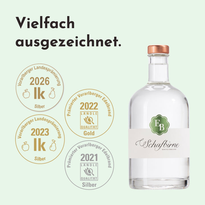 Schafbirne mit Silber bei der Vorarlberger Landesprämierung 2026, Gold 2022 und Silber 2023 und 2021.