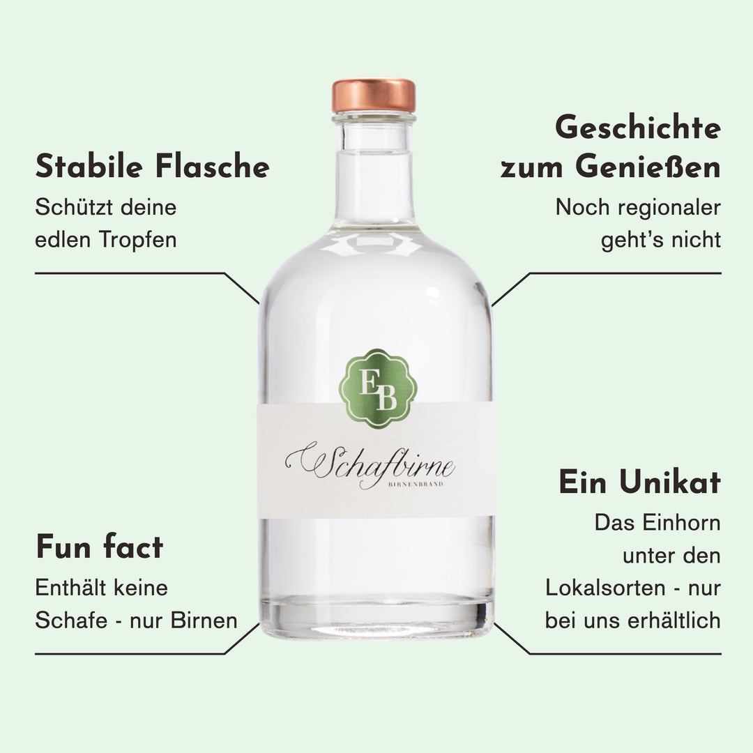 Merkmale der Schafbirne: eine Lokalsorte aus Lustenau, enthält keine Schafe, nur Birnen, ein Unikat, nur bei uns erhältlich.