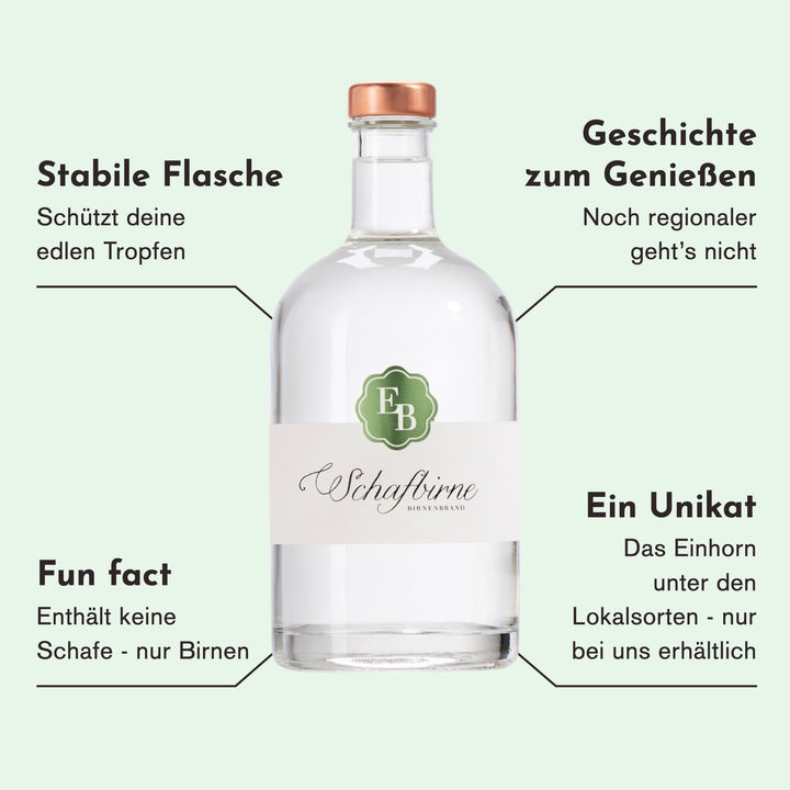 Merkmale der Schafbirne: eine Lokalsorte aus Lustenau, enthält keine Schafe, nur Birnen, ein Unikat, nur bei uns erhältlich.