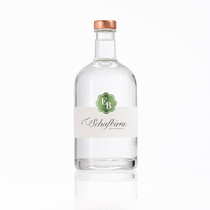 Flasche Schafbirne Birnenschnaps der Destillerie Brunner.